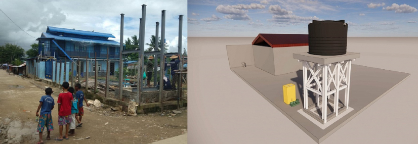 The water tower under construction near the school building. The well is 140m deep  underground to provide clean water supply.